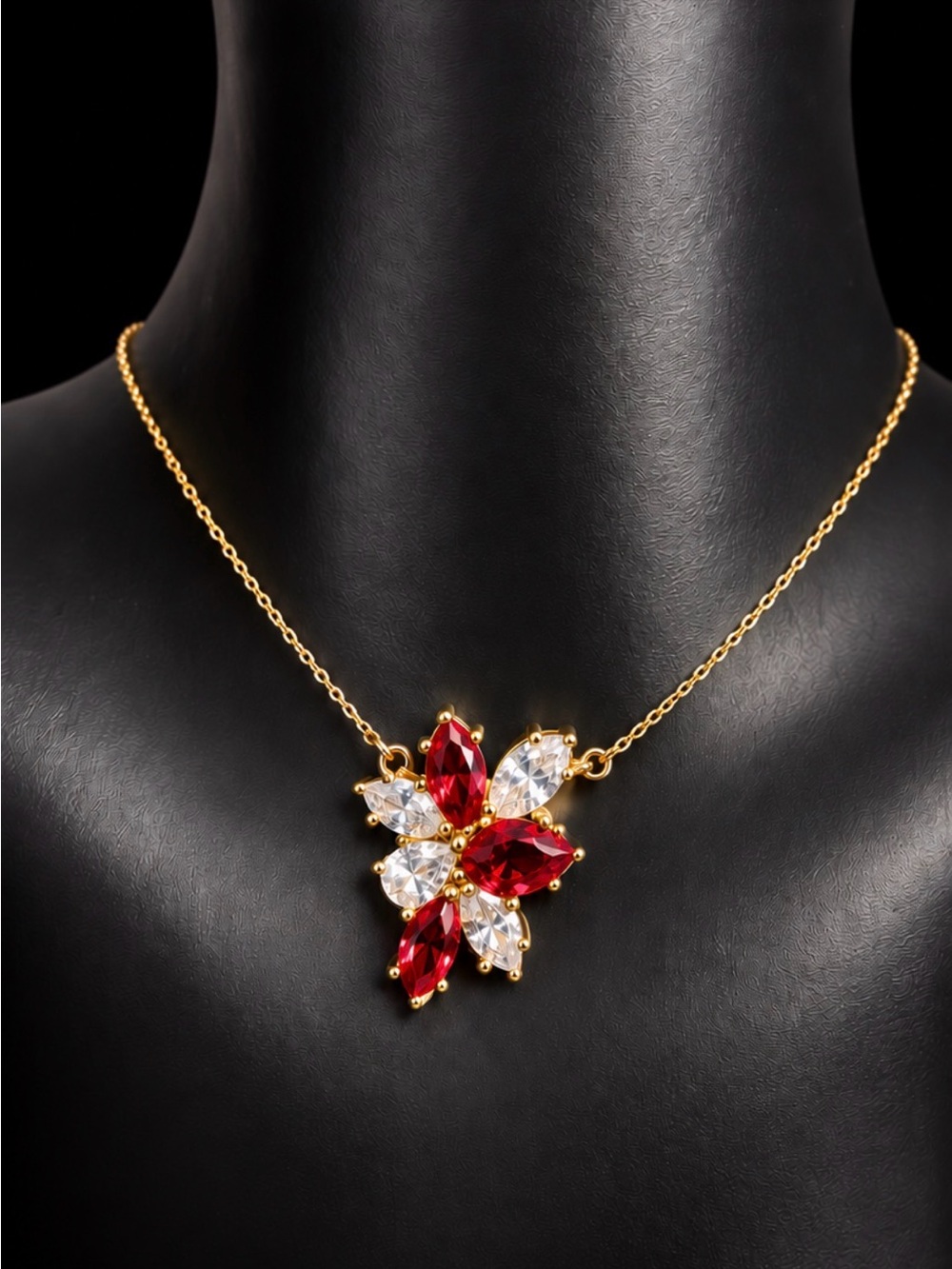 Gold Tone Floral Pendant Necklace with Red and Clear Stones